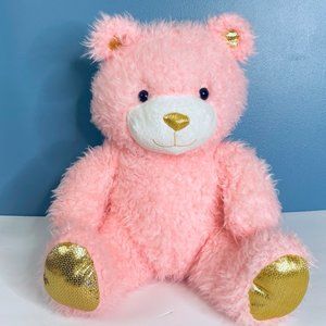 RARE MTY Pink Teddy Bear Shiny Gold Nose Ears Feet 17" Plush Stuffed Animal‎ Toy